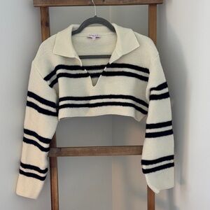 Chic Striped V-Neck Sweater in Cream and Black